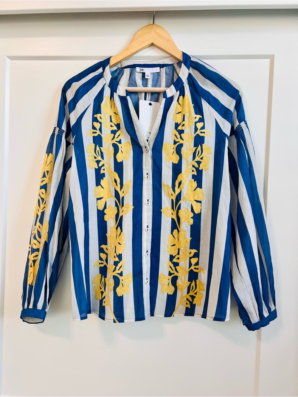 DR2 Blue & White Striped with Yellow Floral boho Accent Blouse NWT